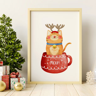 Poster Gato Engraçado Rebelde de Taça Antlers Red Nose Xm