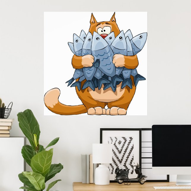 Poster Gato Engraçado Segurando Peixe Cartoon Gatinho Fam (Criador carregado)