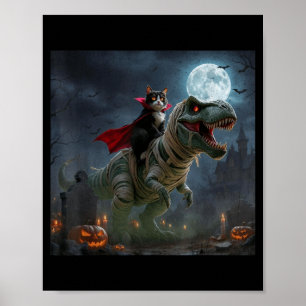 Poster Gato Engraçado Vampiro Montando um T-Rex Halloween
