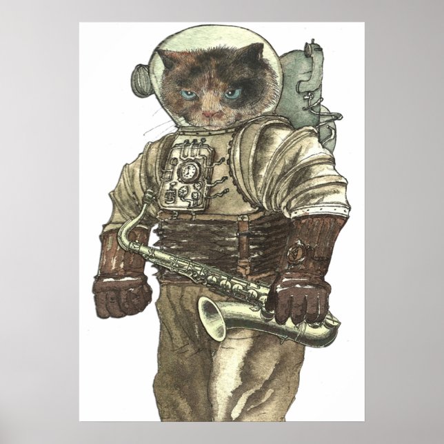 Poster Gato espacial com saxofone (Frente)