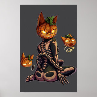 Poster Gato Esqueleto Cabeça de Abóbora Gótica Halloween