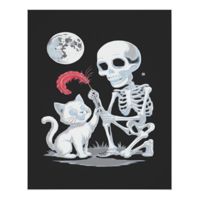 Póster Gato Esqueleto Halloween Divertido Fofo Assustador (Frente)