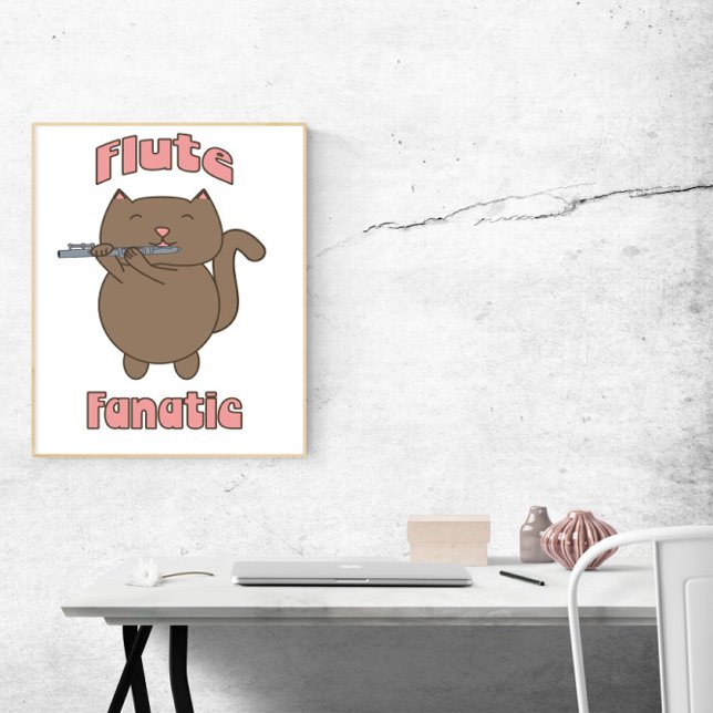 Poster Gato Fanático Flute (A poster that says flute fanatic with a cartoon cat playing the flute)
