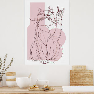 Poster Gato Fazendo Sinal de Rock Arte Minimalista em Lin
