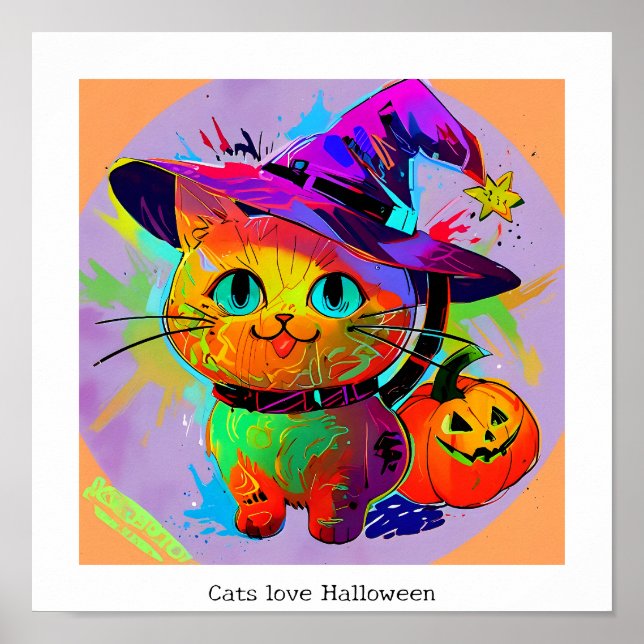 Poster Gato Feliz de Halloween, abstrato, Colorido (Frente)