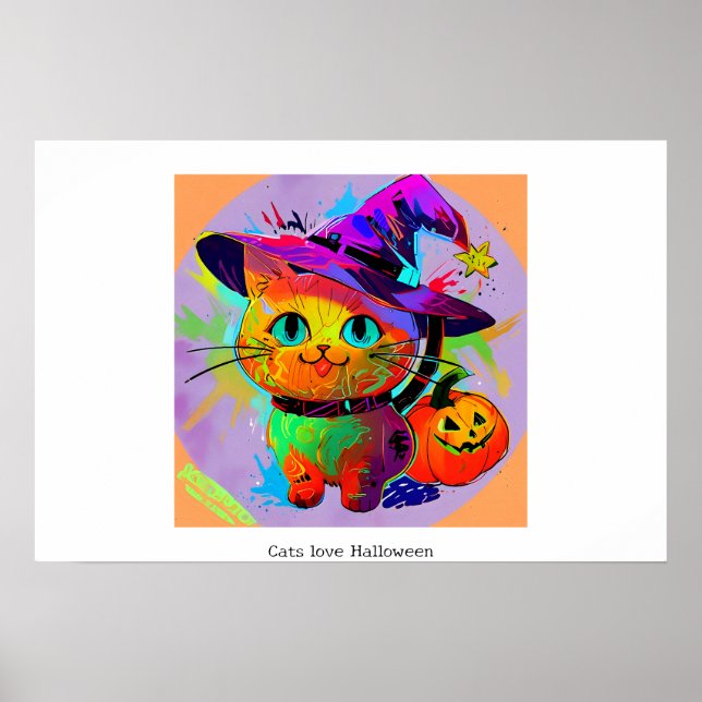 Poster Gato Feliz de Halloween, abstrato, Colorido (Frente)