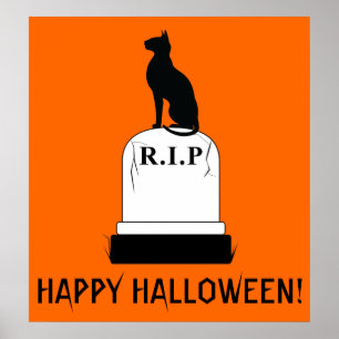 Poster Gato feliz do Dia das Bruxas na lápide R.I.P.