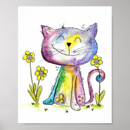 Poster Gato Feliz e Bonito com Flor Amarelo