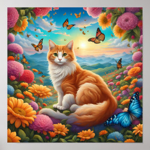 Poster Gato Fluffy Sentado num Campo de Flores