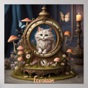 Poster Gato fofo adorável no relógio, cogumelos, editável