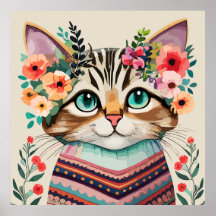 Gato Fofo Aquarela Floral