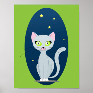 Póster Gato Fofo Céu noturno estrelado Cartoon em cor per