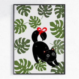 Poster Gato Fofo Com Folhas de Monstera de Laço