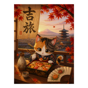 Póster Gato Fofo de Anime Japonês Quimono Monte Fuji Outo