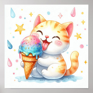 Poster Gato Fofo de Aquarela Comendo Sorvete Caprichoso