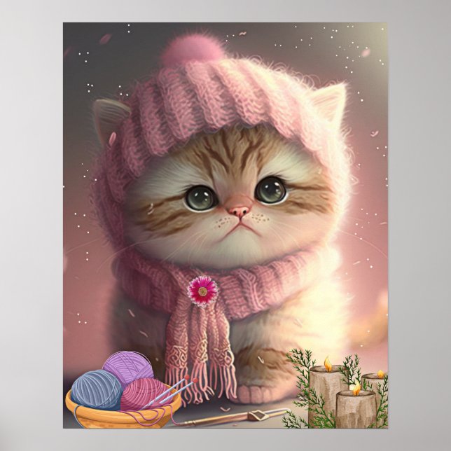 Poster Gato Fofo de Chapéu e Cachecol de Tricô Rosa Arte  (Frente)
