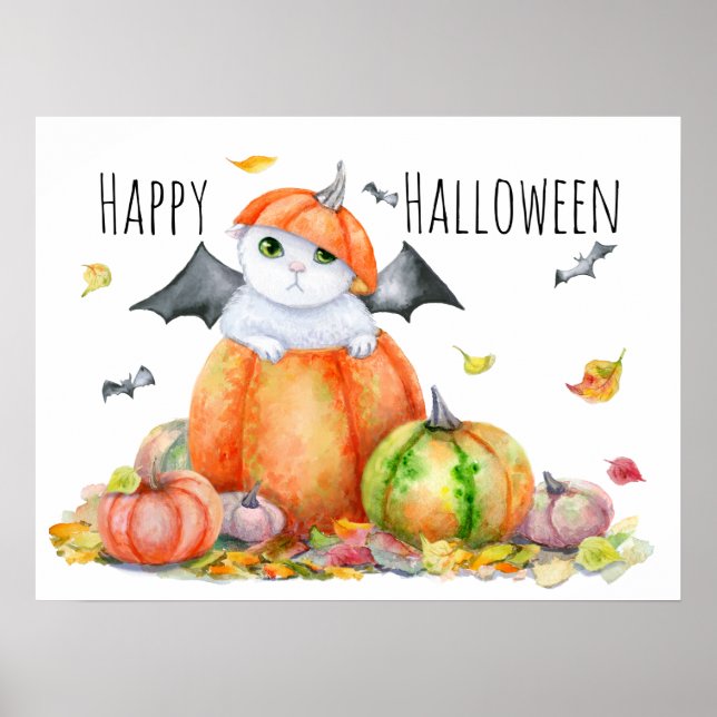 Poster Gato fofo de Halloween em abóbora (Frente)