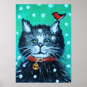 Poster Gato Fofo de Pintura a Óleo com Saudação de Natal 
