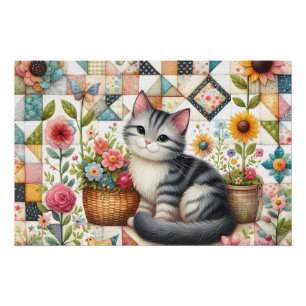 Póster Gato Fofo em Colcha Floral Cottagecore