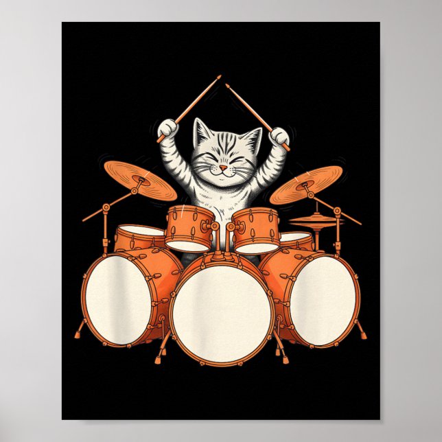 Poster Gato Fofo Tocando Bateria Kit de Baterista Engraça (Frente)