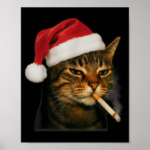 Poster Gato Fumando Cigarro Natal Chapéu de Papai Noel Ga