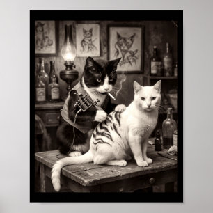Poster Gato Fumando Tatuagem Vintage Gato Tatuado Artista