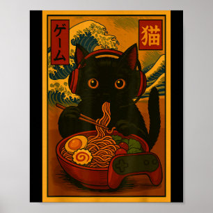 Poster Gato Gamer Comendo Ramen ao Estilo Japonês