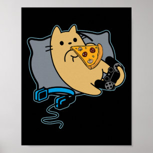 Poster Gato Gamer Comilão de Pizza Nerd Jogo Pausado