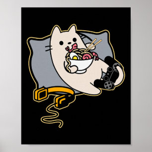 Poster Gato Gamer Comilão de Ramen Nerdy Jogo Pausado