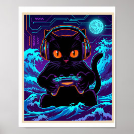 Poster Gato Gamer Divertido Arte Retro Neon Noturno de Jo