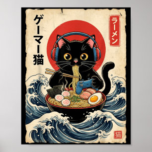 Poster Gato Gamer Kawaii Comendo Ramen Retro Anime Japonê
