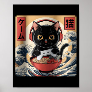 Poster Gato Gamer Kawaii Fofo Ramen Japonês Retro Engraça