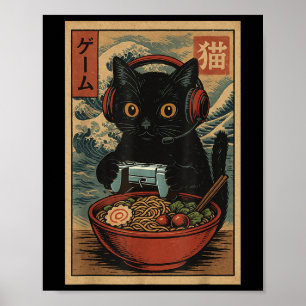 Poster Gato Gamer Kawaii Fofo Ramen Retrô Japonês Engraça