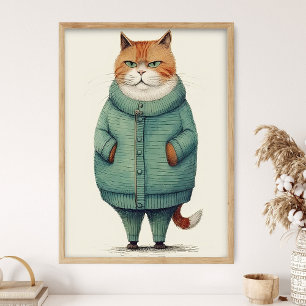 Poster Gato Ginger Bonito em Suéter Verde, Gato Engraçado
