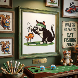 Poster Gato Golfeiro Engraçado Pescando em Obstáculo de Á