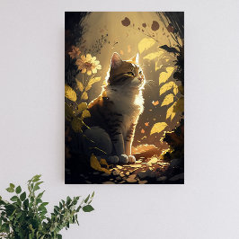 Poster Gato gostando da luz do sol em um jardim de flores