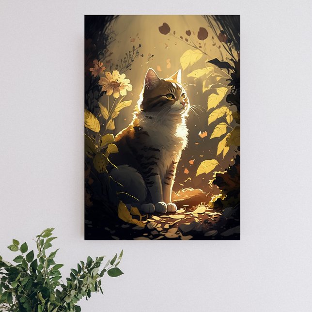 Poster Gato gostando da luz do sol em um jardim de flores (Criador carregado)