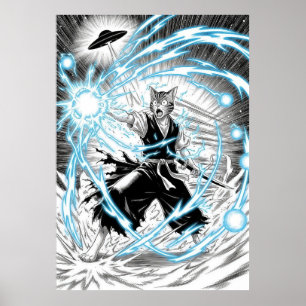 Poster Gato Guerreiro Estilo Mangá Épico Rajada de Energi