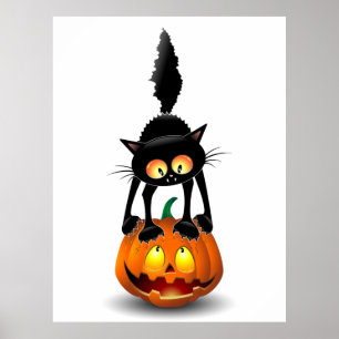 Poster Gato Halloween Caricatura Assustada na Pumpkin