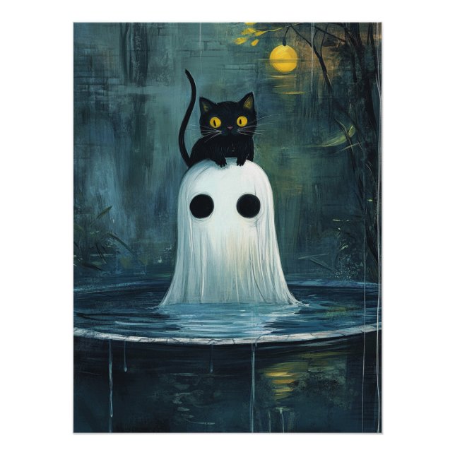 Póster Gato Halloween e Fantasma na Piscina (Frente)