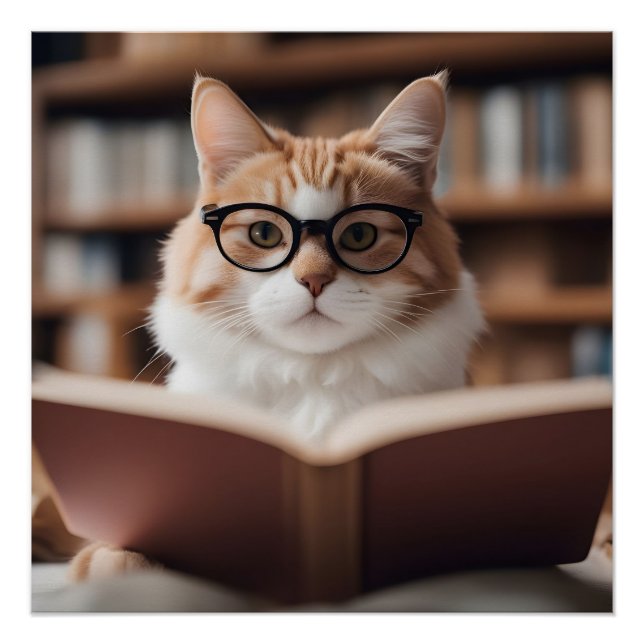 Póster Gato inteligente lendo um livro (Frente)