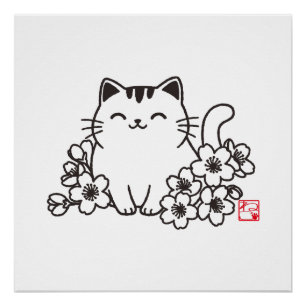 Póster Gato japonês bonito e Sakura com Carimbo Neko