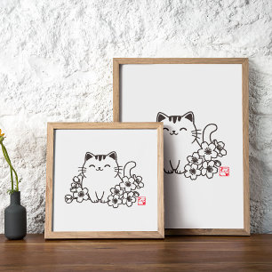 Poster Gato japonês bonito e Sakura com Carimbo Neko