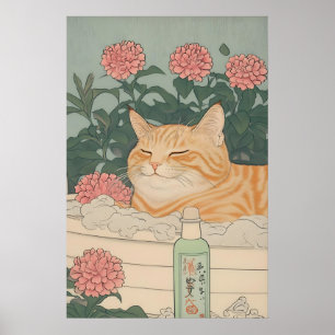 Poster Gato Japonês de Estampa Tabby Gengibre no Banheiro