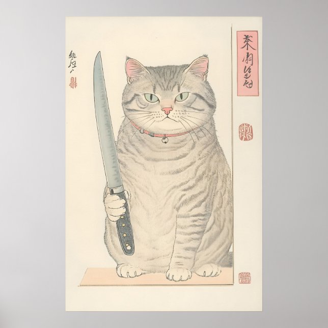 Poster Gato Japonês Engraçado com Faca (Frente)