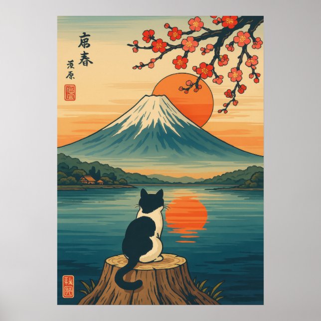Poster Gato Japonês Observando o Monte Fuji Sunset (Frente)