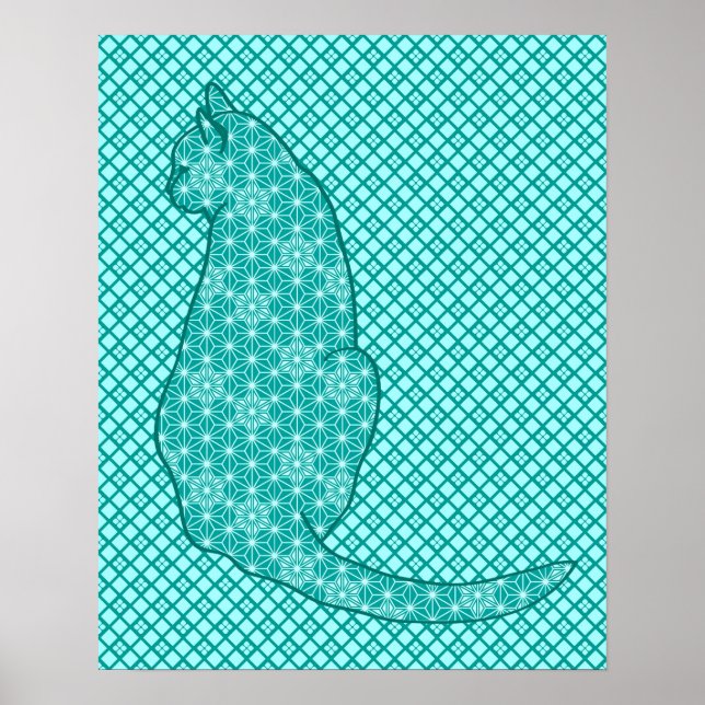 Poster Gato Japonês - Turquesa e Aqua (Frente)