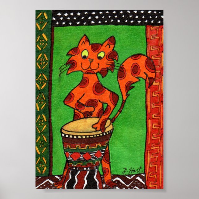Póster Gato Jogando Arte Folclórica Africana Djembe Drum  (Frente)