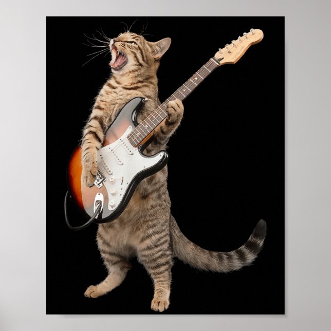 Poster Gato Jogando Guitarra Camisas Homens Rocham E R (Frente)