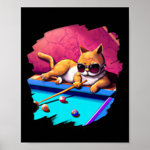 Poster Gato Jogando Piscina Bilhar No Salão Legal Engraça